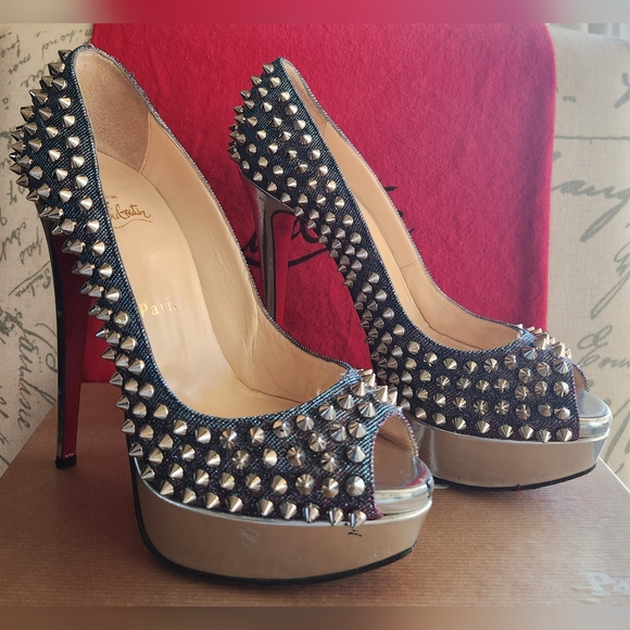 CHRISTIAN LOUBOUTIN Metallic Lame Lady Peep Spike Platform Pumps Size 37 - Picture 9 of 16